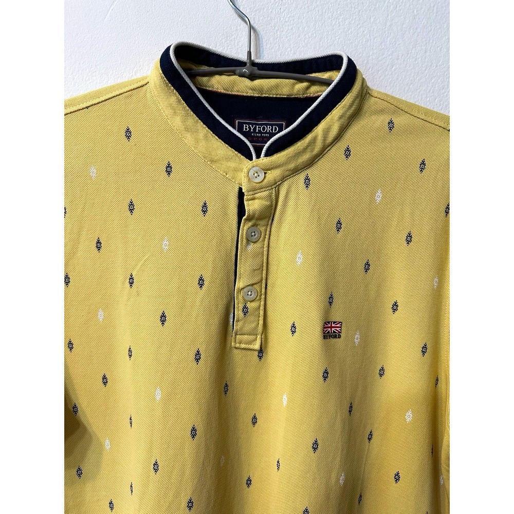 Byford Sport Mens Large Yellow Geometric Micro Print Banded Collar Polo Shirt L